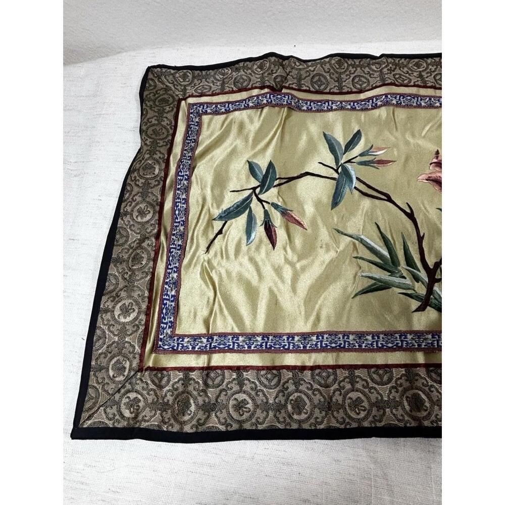 Vintage Dun Huang Chinese Silk Embroidery Bird & Flowers Wall Hanging 12x24 - Picture 4 of 9